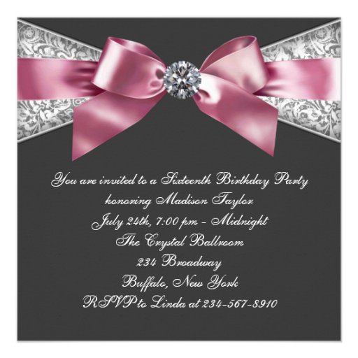 White Diamonds Pink Black Sweet 16 Birthday Party Invitation