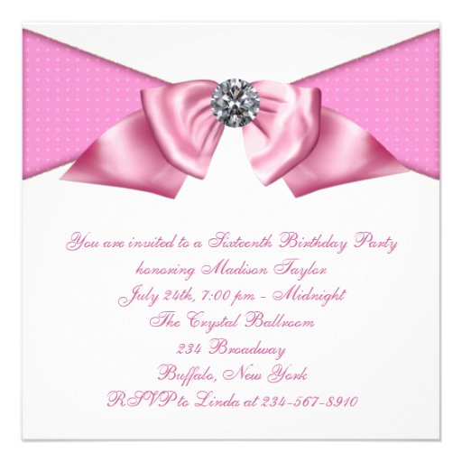 White Diamonds Pink Sweet 16 Birthday Party Custom Invitation