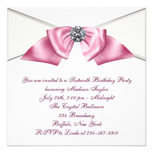White Diamonds Pink Sweet 16 Birthday Party Custom Invitations