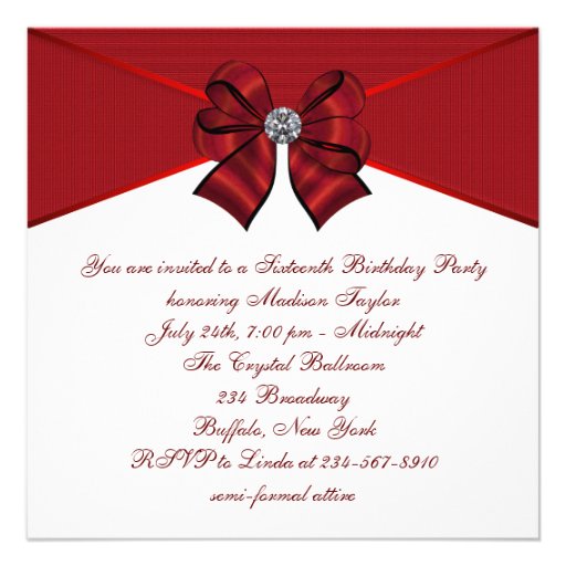 White Diamonds Red Sweet 16 Birthday Party Invitation