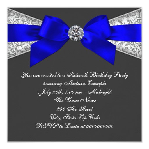 White Diamonds Royal Blue Sweet 16 Birthday Party Custom Invitations
