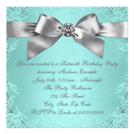 White Diamonds Teal Blue Sweet 16 Birthday Party Invites