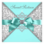 White Diamonds Teal Blue Sweet 16 Birthday Party Invites