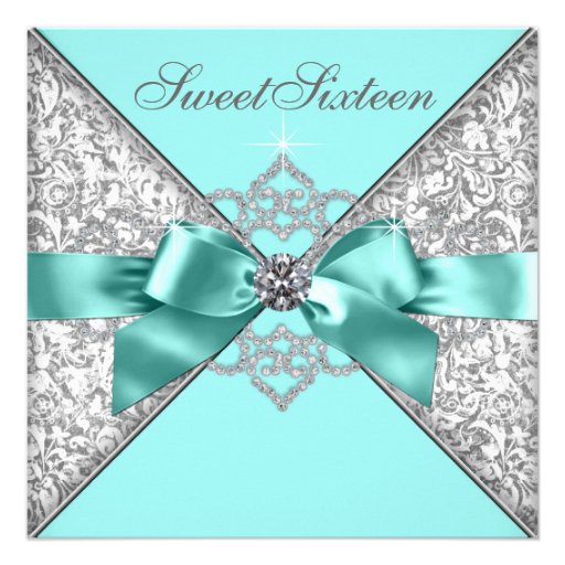 White Diamonds Teal Blue Sweet 16 Birthday Party Invites (front side)