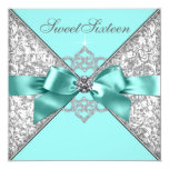 White Diamonds Teal Blue Sweet 16 Birthday Party Invites