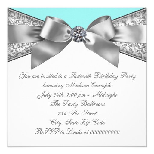 White Diamonds Teal Blue Sweet 16 Birthday Party Personalized Invitation