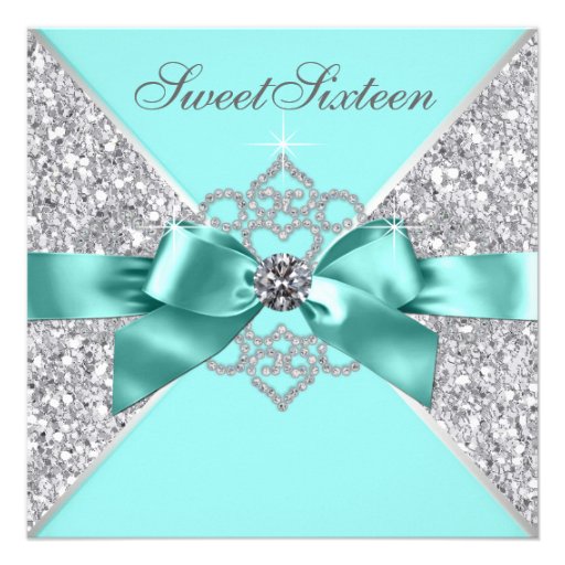 White Diamonds Teal Blue Sweet 16 Birthday Party Announcement