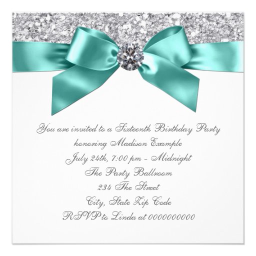 White Diamonds Teal Blue Sweet 16 Birthday Party Announcement