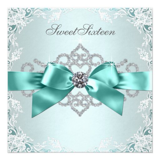 White Diamonds Teal Blue Sweet 16 Birthday Party Personalized Invitation