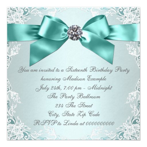 White Diamonds Teal Blue Sweet 16 Birthday Party Personalized Invitation