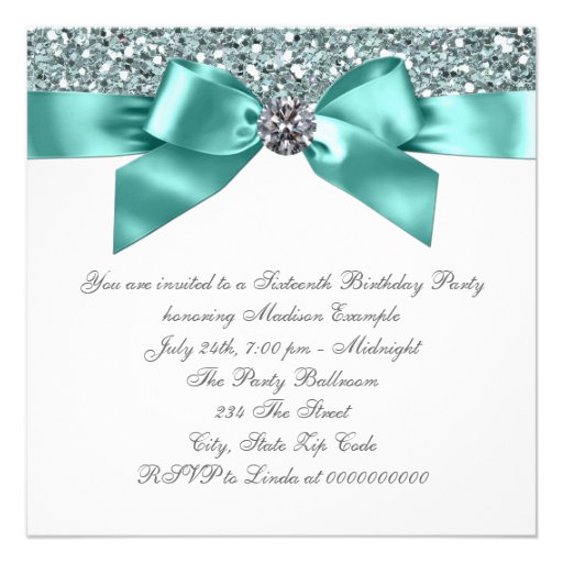 White Diamonds Teal Blue Sweet 16 Birthday Party Custom Invite