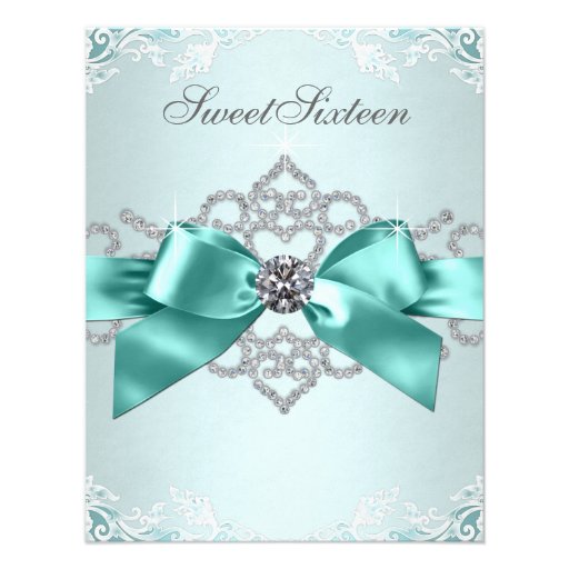 White Diamonds Teal Blue Sweet 16 Birthday Party Personalized Invite (front side)