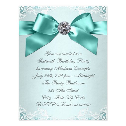 White Diamonds Teal Blue Sweet 16 Birthday Party Personalized Invite