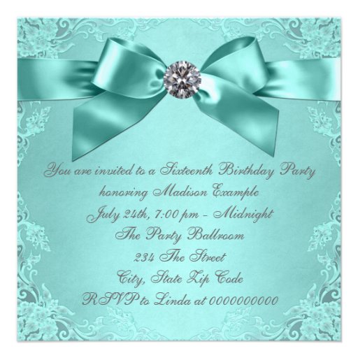 White Diamonds Teal Blue Sweet 16 Birthday Party Personalized Invite