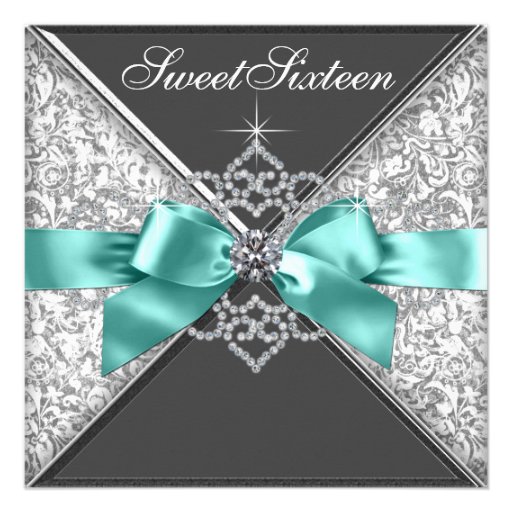White Diamonds Teal Blue Sweet 16 Birthday Party Custom Invitations (front side)