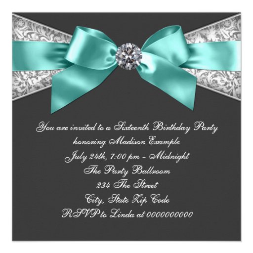 White Diamonds Teal Blue Sweet 16 Birthday Party Custom Invitations