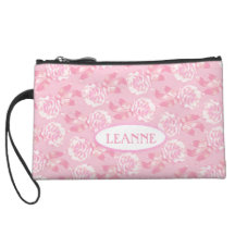 White dianthus carnations on pink name clutch bag wristlet