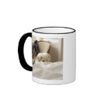 White dog hiding behind bed (differential focus) coffee mug