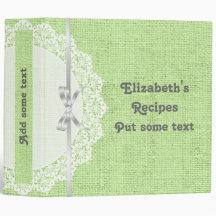 White doily with lace and green burlap recipe binder