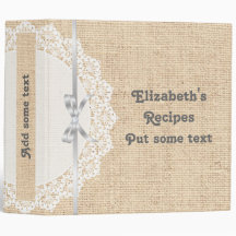 White doily with lace and linen burlap recipe binder