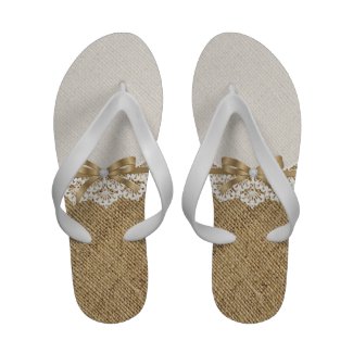 White doily with lace and linen natural burlap flip flops