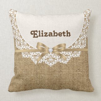 White doily with lace and linen natural burlap pillows