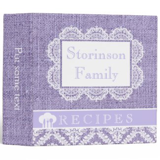 White doily with lace and purple burlap recipe binders