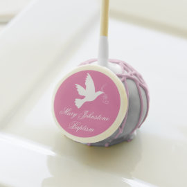 White dove pink ribbon named baptism cake pops