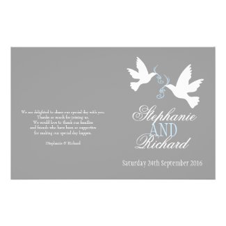 White doves blue ribbon grey Wedding Programme Personalized Flyer