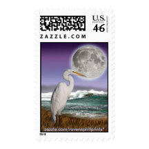 White Egret, Beach & Moon postage stamps