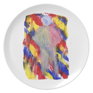 White Figure in front of red yellow blue smears plate