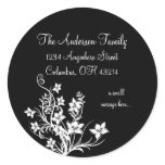 White Floral Design on Black Return Address Labels stickers