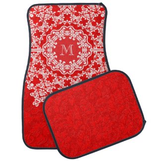 White Floral Lace Red Damasks Monogramed Floor Mat