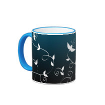 White floral on blue mugs