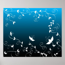 White floral on blue posters