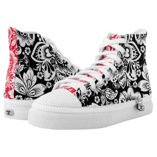 White Floral Pattern On Black & Red Printed Shoes
