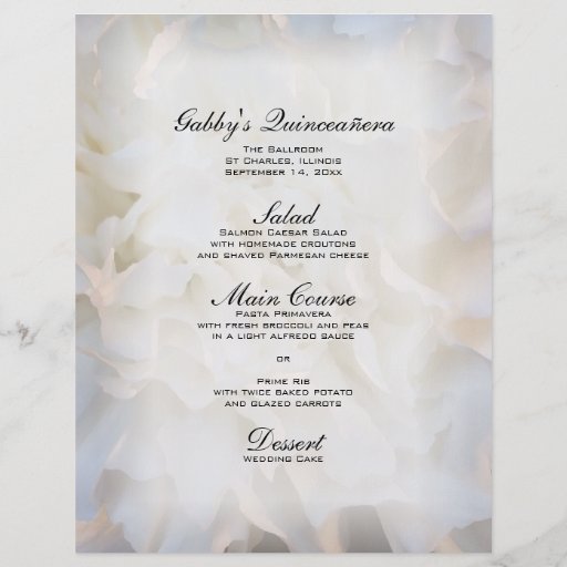 White Floral Quinceañera Menu Custom Flyer | Zazzle