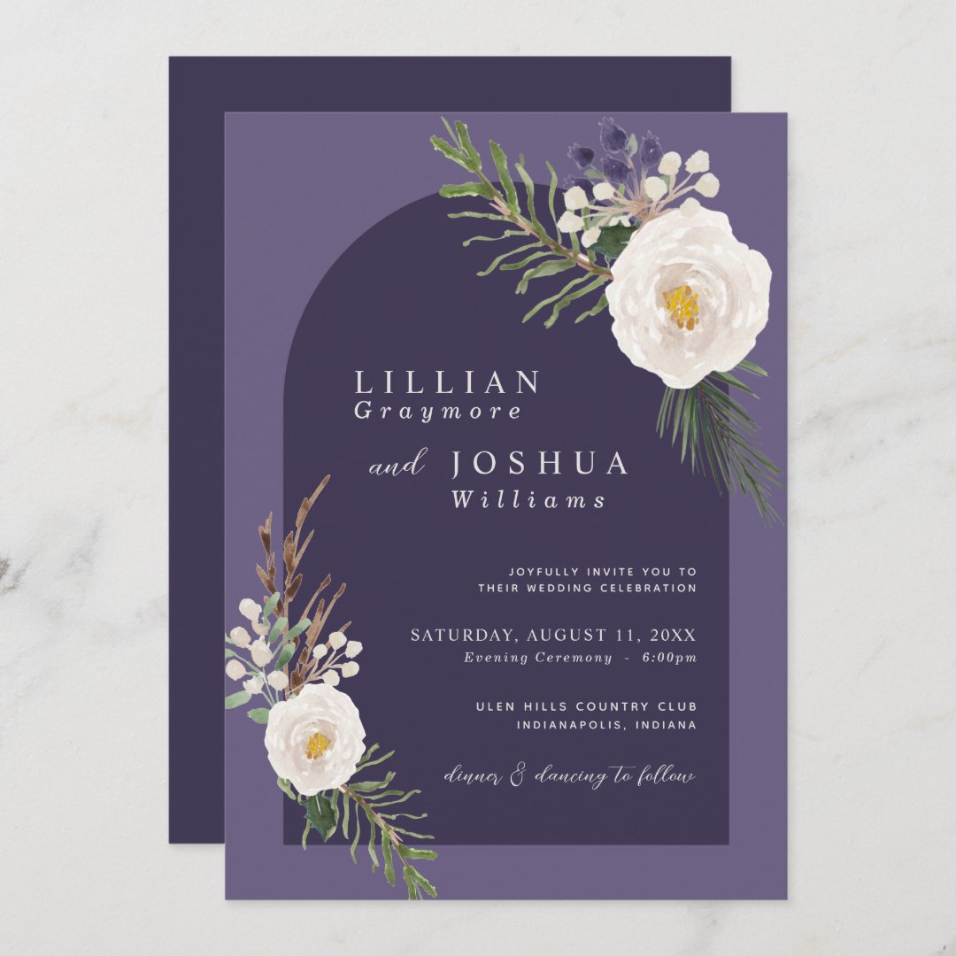 White Floral Winter Botanical Purple Wedding Invitation Zazzle