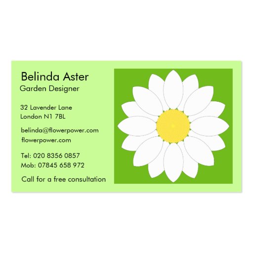 White Flower, Flower Power Gardening, Unique ca... Business Cards (back side)