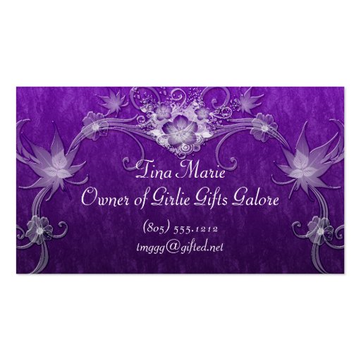 White Flower Swirls On Purple Business Card Template (front side)