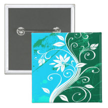 White Flowers on Blue and Green Grunge Buttons
