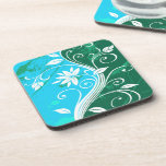 White Flowers on Blue and Green Grunge Drink Coasters