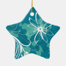White Flowers on Blue Christmas Tree Ornament