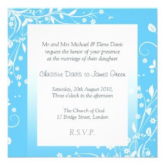 White flowers on blue, subtle wedding invitation