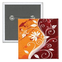 White Flowers on Orange and Burgundy Grunge Button