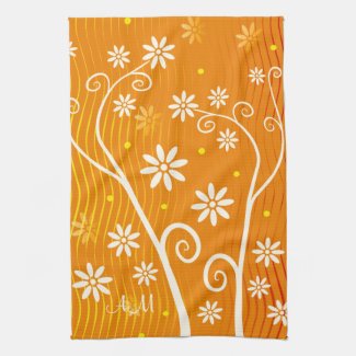 White Flowers on Orange with Initials KitchenTowel White Flowers on Orange with Initials KitchenTowel