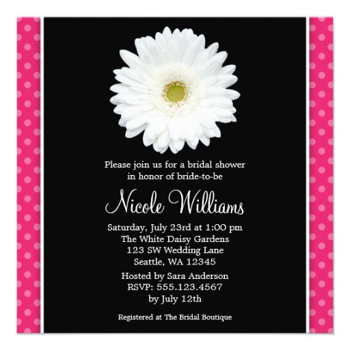 White Gerbera Daisy Pink Polka Dot Bridal Shower Custom Invitation