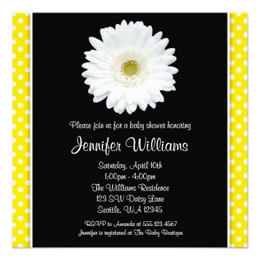 White Gerbera Daisy Yellow Polka Dot Baby Shower Invitation