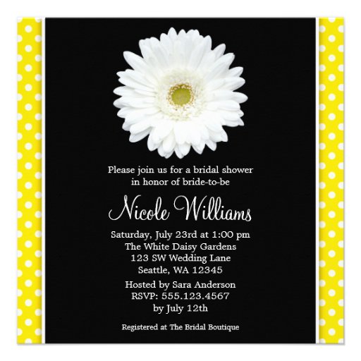 White Gerbera Daisy Yellow Polka Dot Bridal Shower Custom Invitations