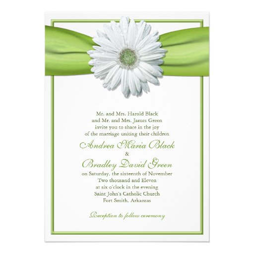 White Gerbera with Green Satin Ribbon Invitation